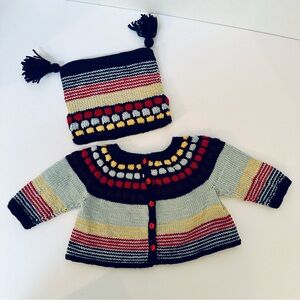 Colorful Handmade Knit Baby Sweater and Hat Set with ladybug buttons - brand new